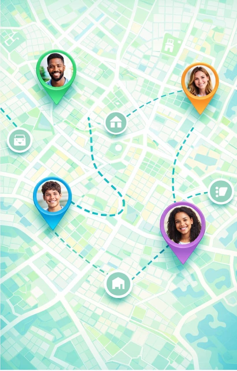 App screen showing all family members on one map